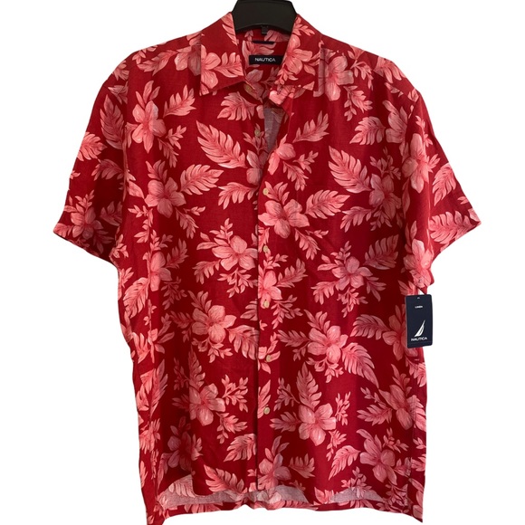 Tropical Linen Hawaiian Shirt Island Hibiscus Luau Print Pattern Nautica Large - Picture 2 of 16